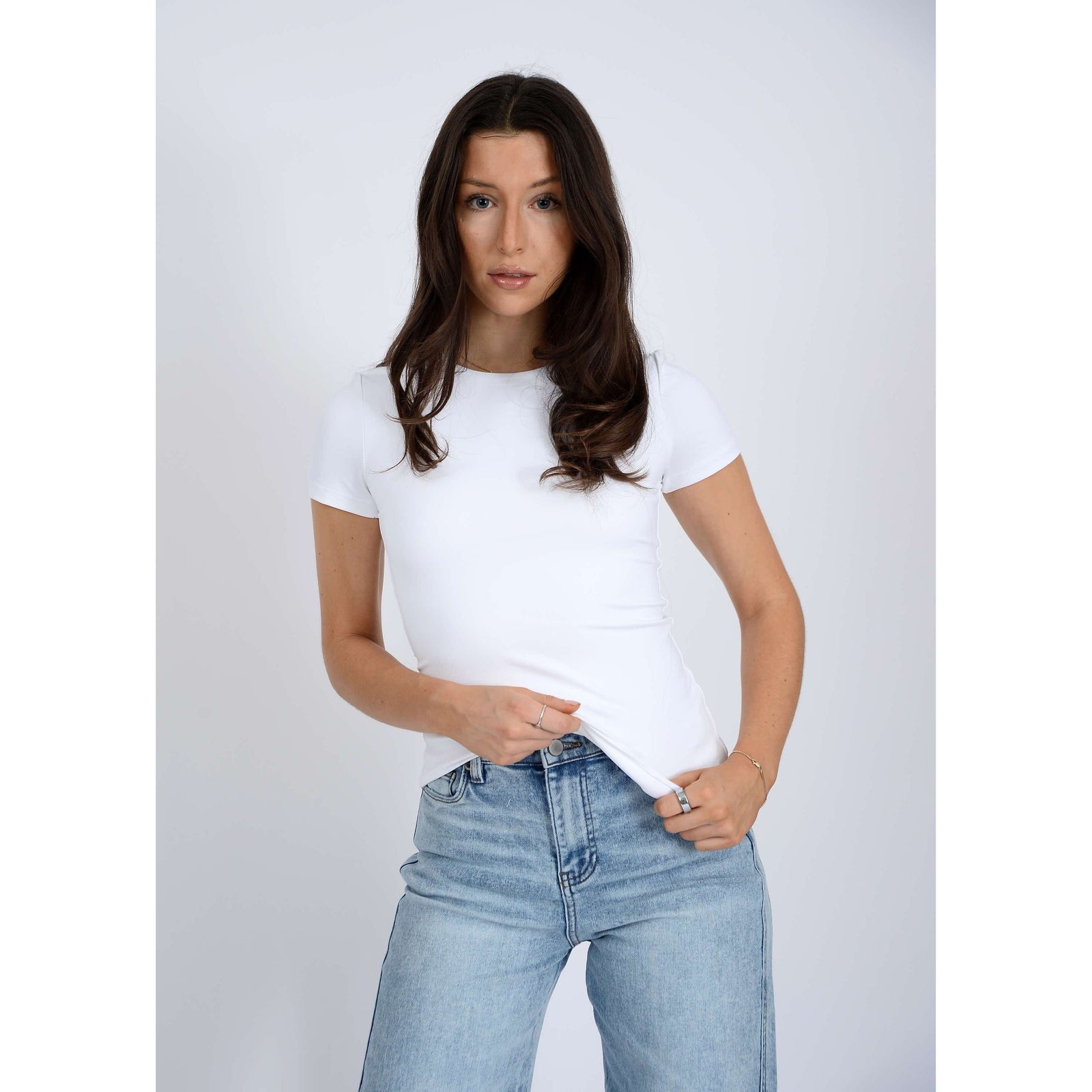 Second Skin Roxi 23 Crewneck TShirt by RD Style on model in white tee.