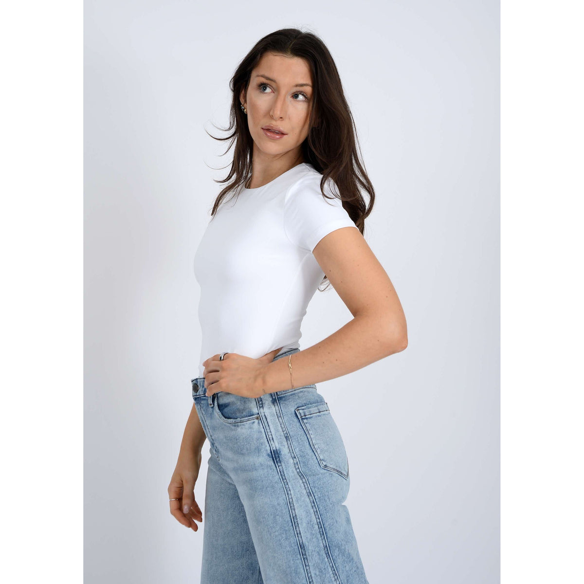 Second Skin Roxi 23 Crewneck TShirt RD Style worn by model in white tee with light denim jeans