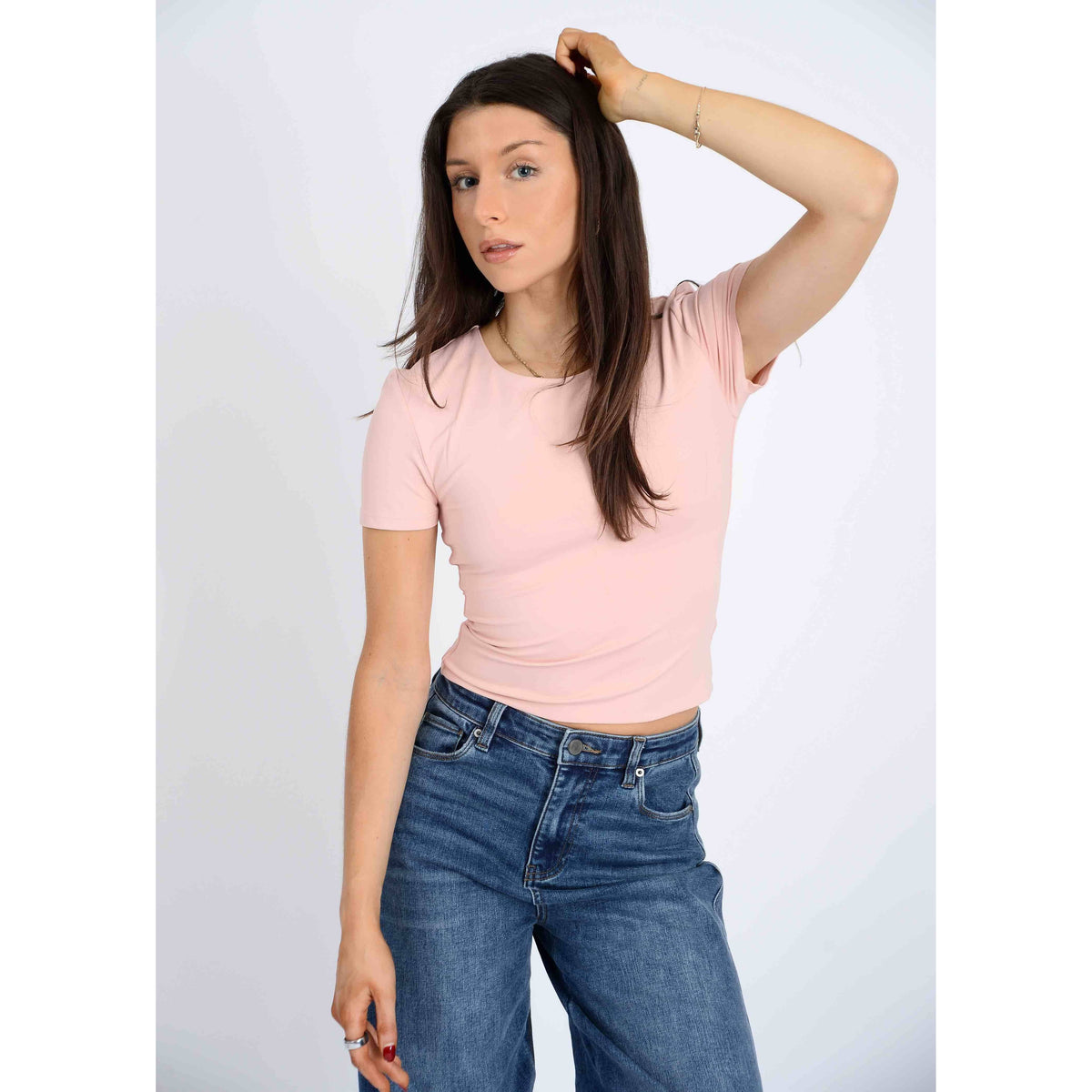 Dusty peach Second Skin Roxi Crewneck T shirt by RD Style, featuring a high neckline and structured fit for everyday wear.