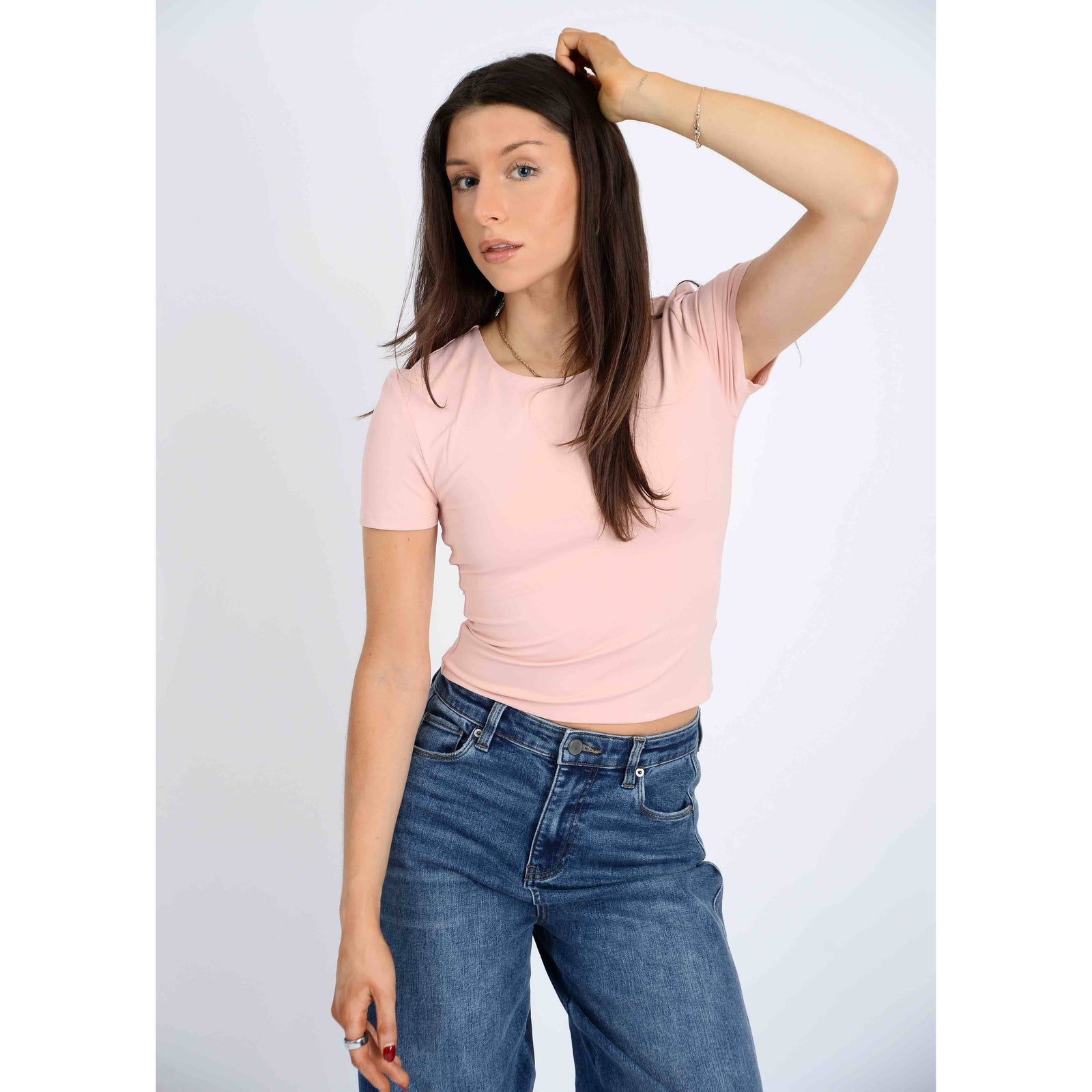 Dusty peach Second Skin Roxi Crewneck T shirt by RD Style, featuring a high neckline and structured fit for everyday wear.