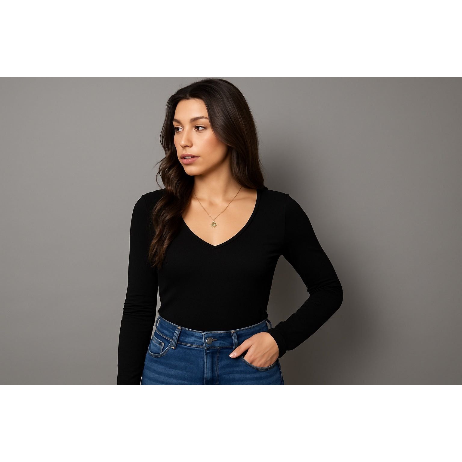 Second Skin Valentina LS Double V-Neck Top in dark walnut, sleek stretch fabric for bold layered looks.