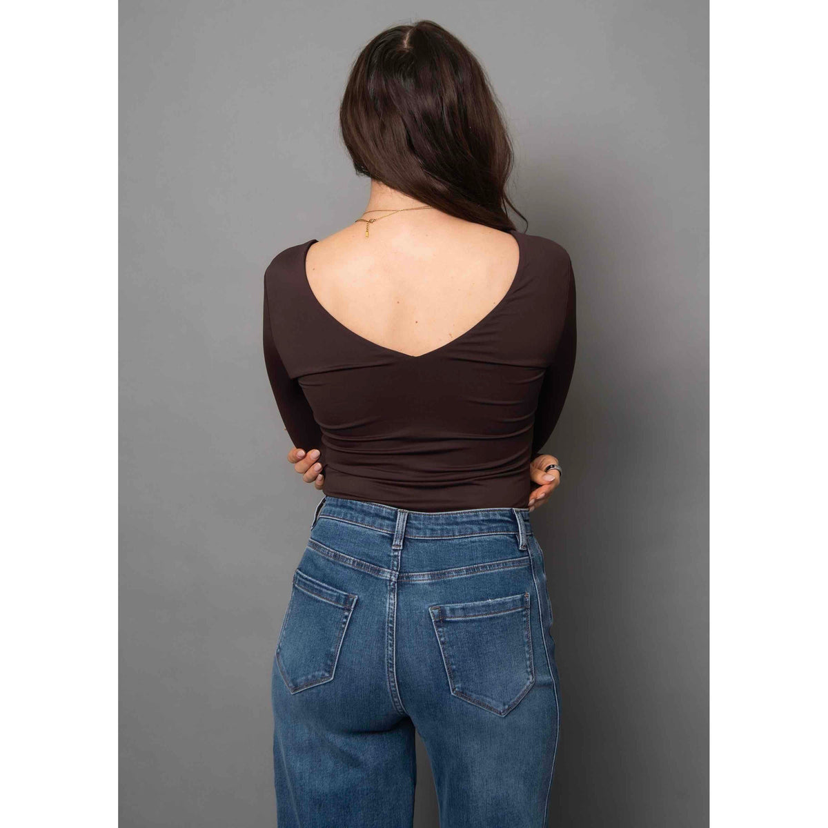 Second Skin Valentina LS Double V-Neck Top in dark walnut, back view with deep V neckline and long sleeves.