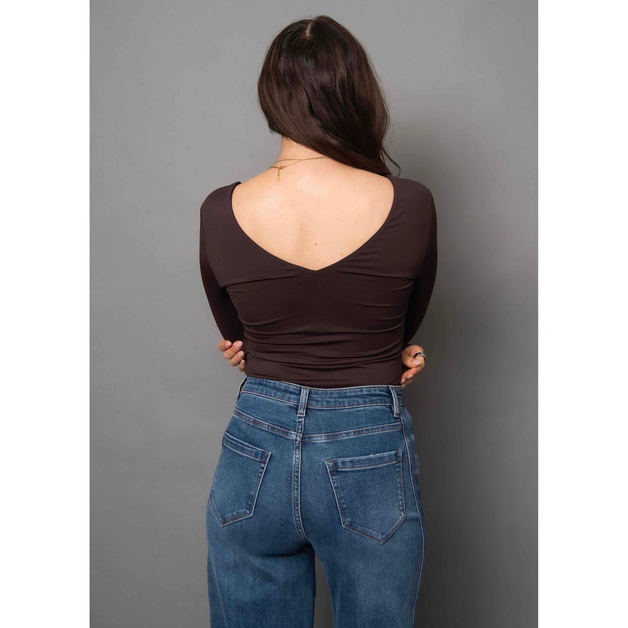 Second Skin Valentina LS Double V-Neck Top in dark walnut, back view with deep V neckline and long sleeves.