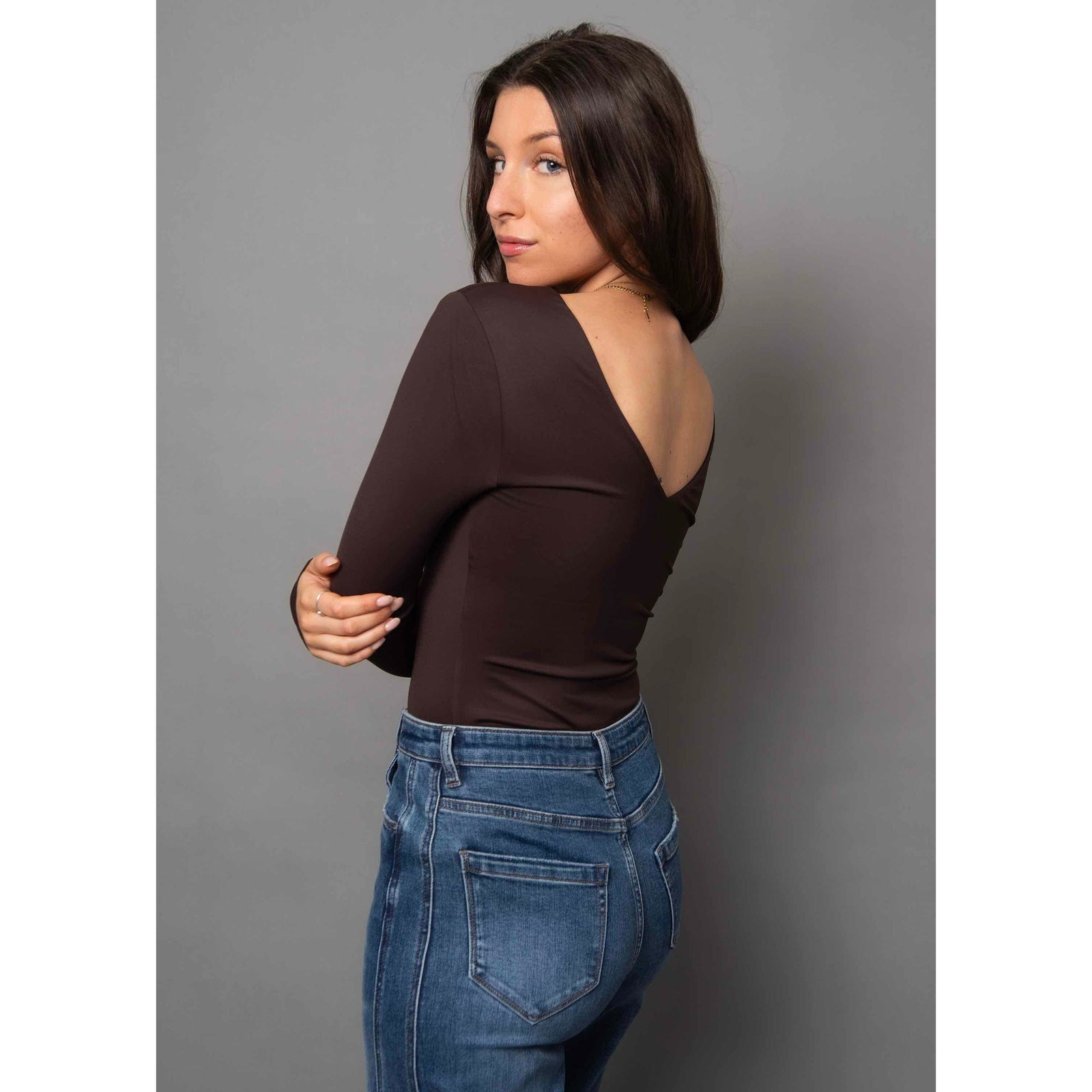 Second Skin Valentina LS Double V-Neck Top in dark walnut; sleek, curve-hugging long-sleeve with double V neckline.