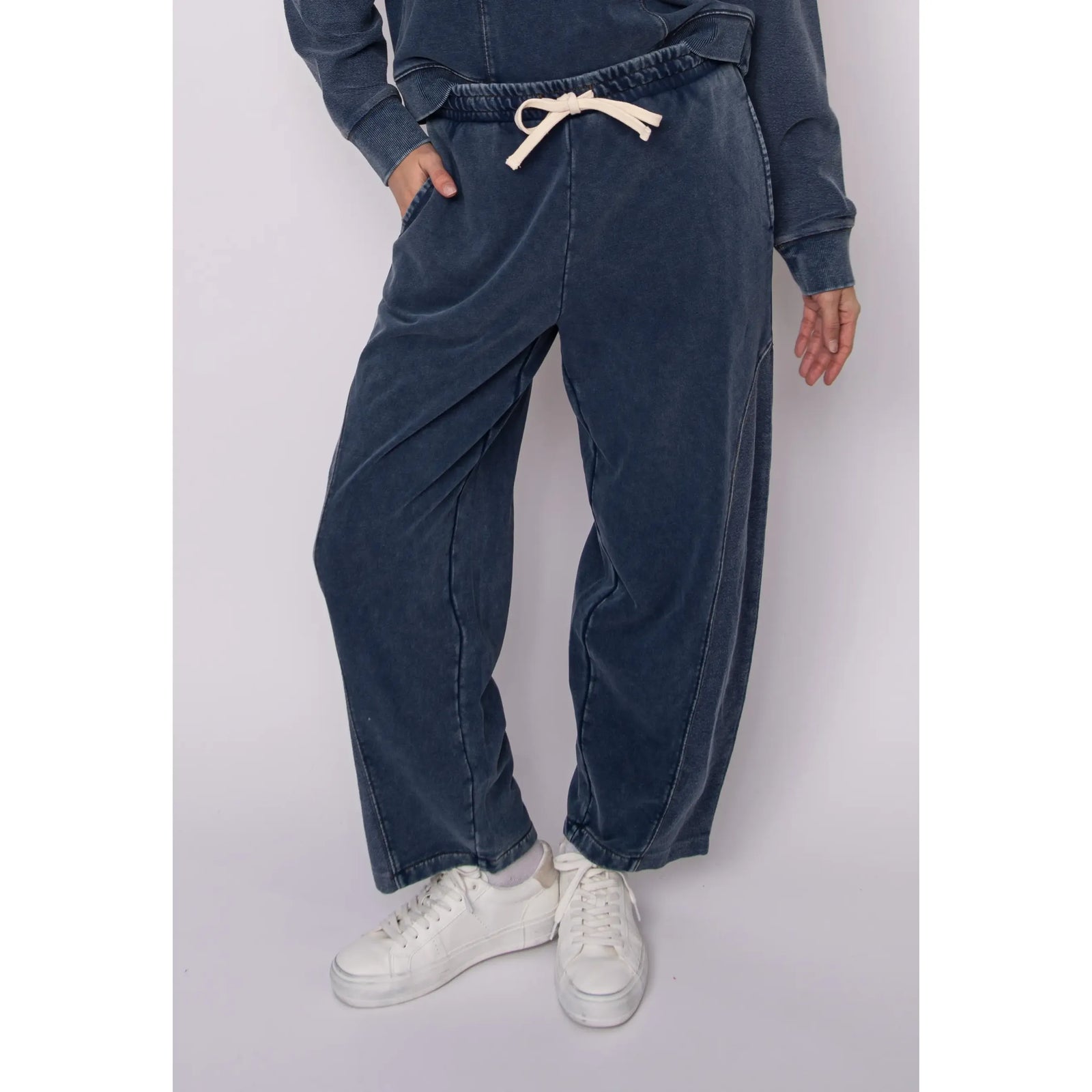 Silco French Terry Pull On Drawstring Pants with acid-wash finish and relaxed wide-leg, denim-inspired look.