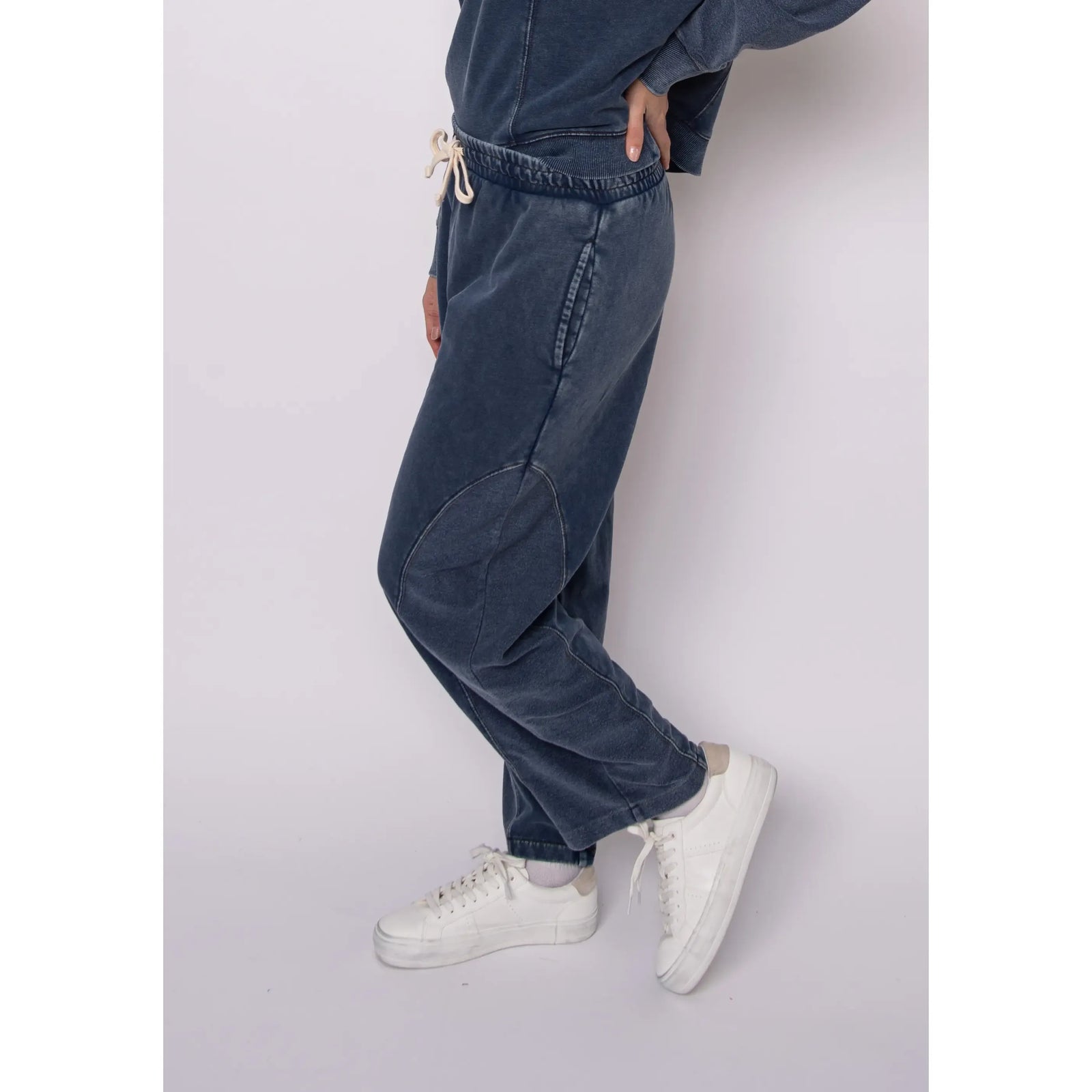 Silco French Terry pull-on pants in acid-wash blue with a denim-inspired look, drawstring waist, and relaxed wide-leg.