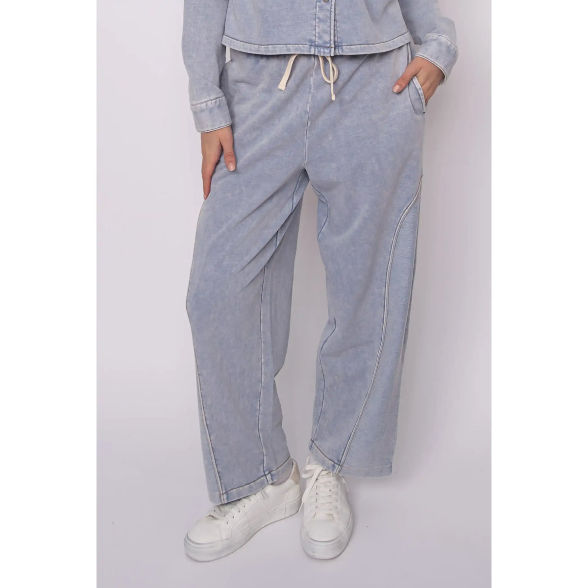 Silco French Terry Pull-On Drawstring Pants in acid-wash, relaxed wide-leg denim-inspired style.