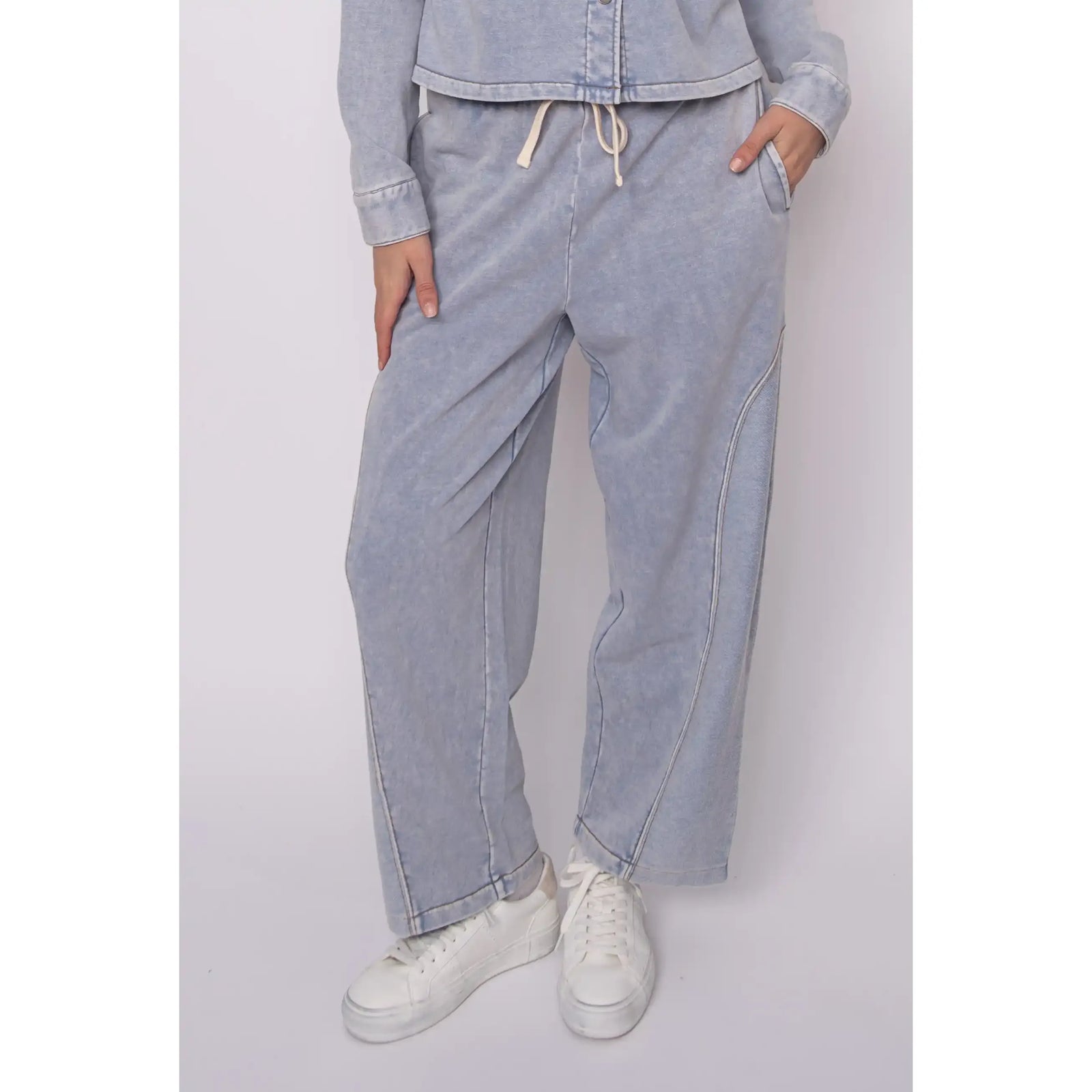Silco French Terry Pull-On Drawstring Pants in acid-wash, relaxed wide-leg denim-inspired style.