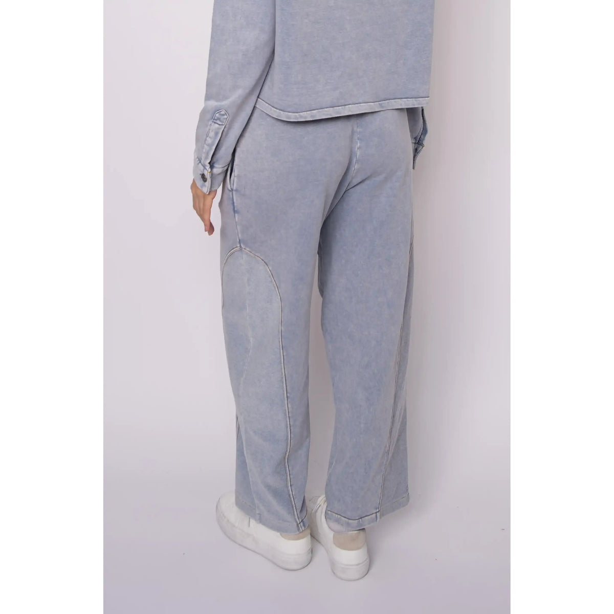 Silco French Terry Pull-On Drawstring Pants in acid-wash light blue with a relaxed wide-leg, back view.