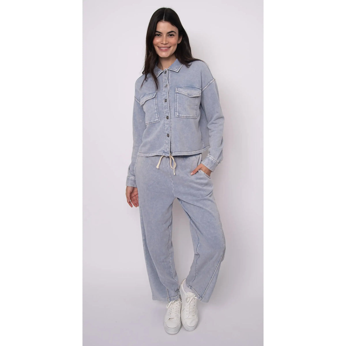 Silco French Terry Pull On Drawstring Pants with acid-wash finish and relaxed wide-leg silhouette.