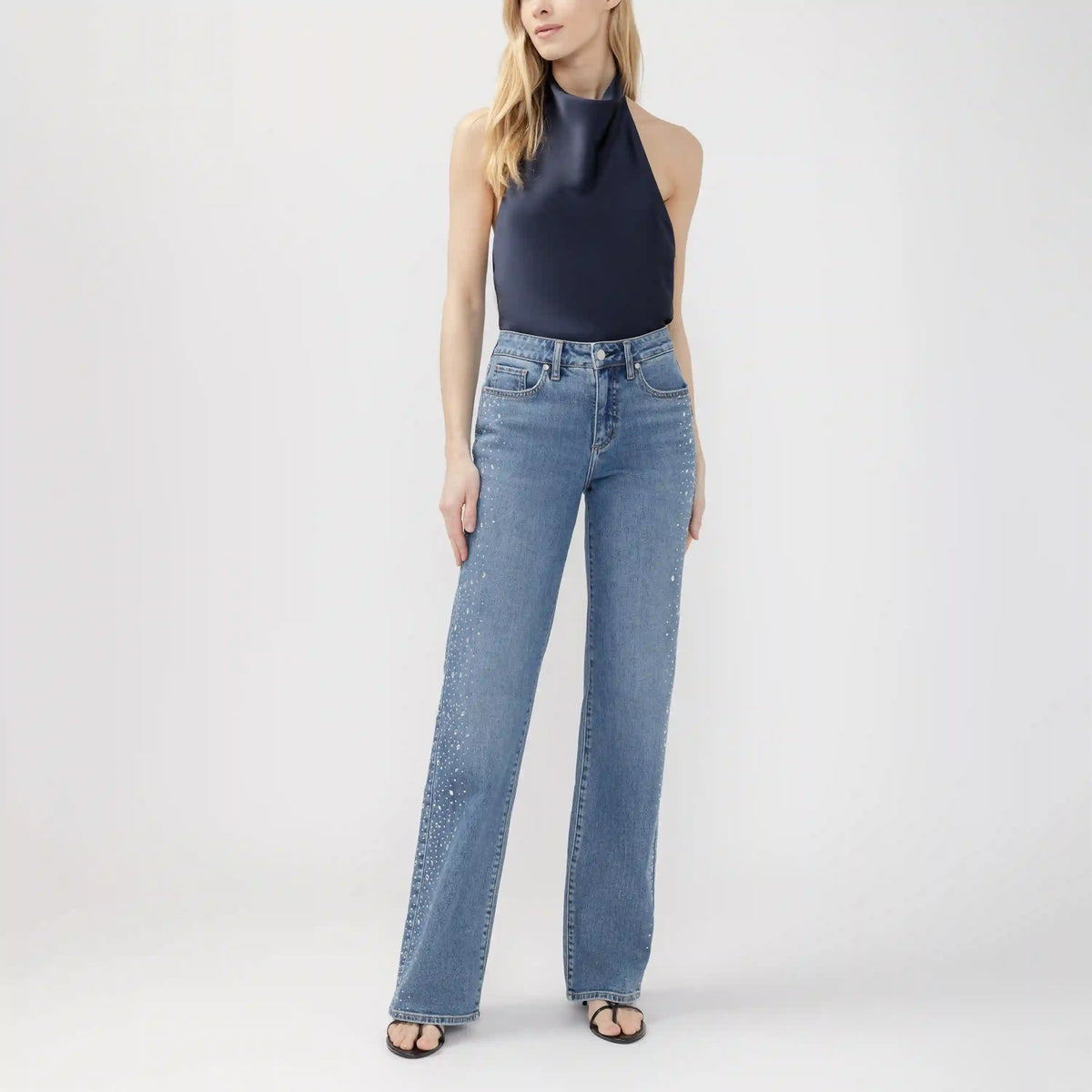 High-rise wide-leg denim jeans featuring crystal sprinkles and a curvy fit for fuller hips and smaller waist.