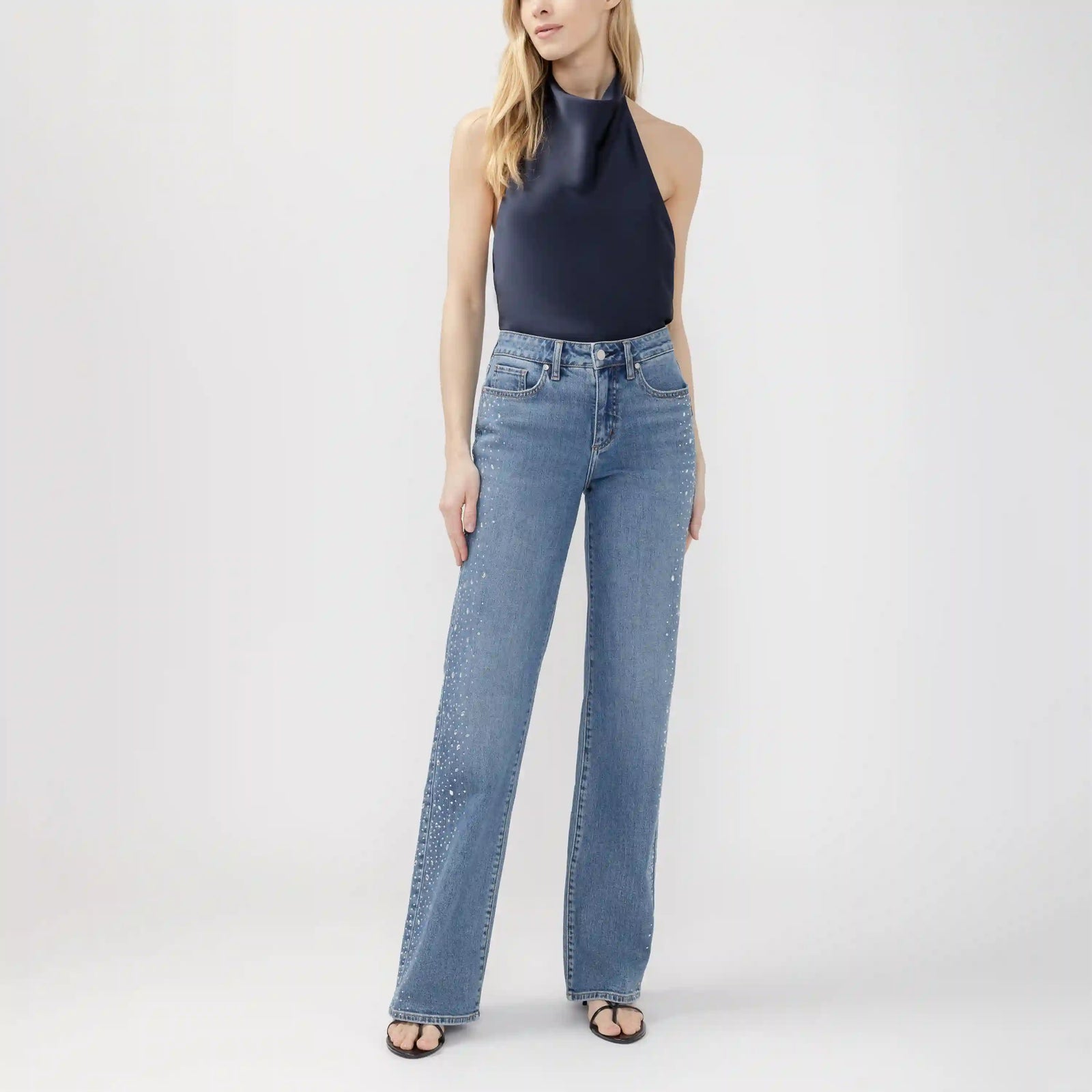 High-rise wide-leg denim jeans featuring crystal sprinkles and a curvy fit for fuller hips and smaller waist.
