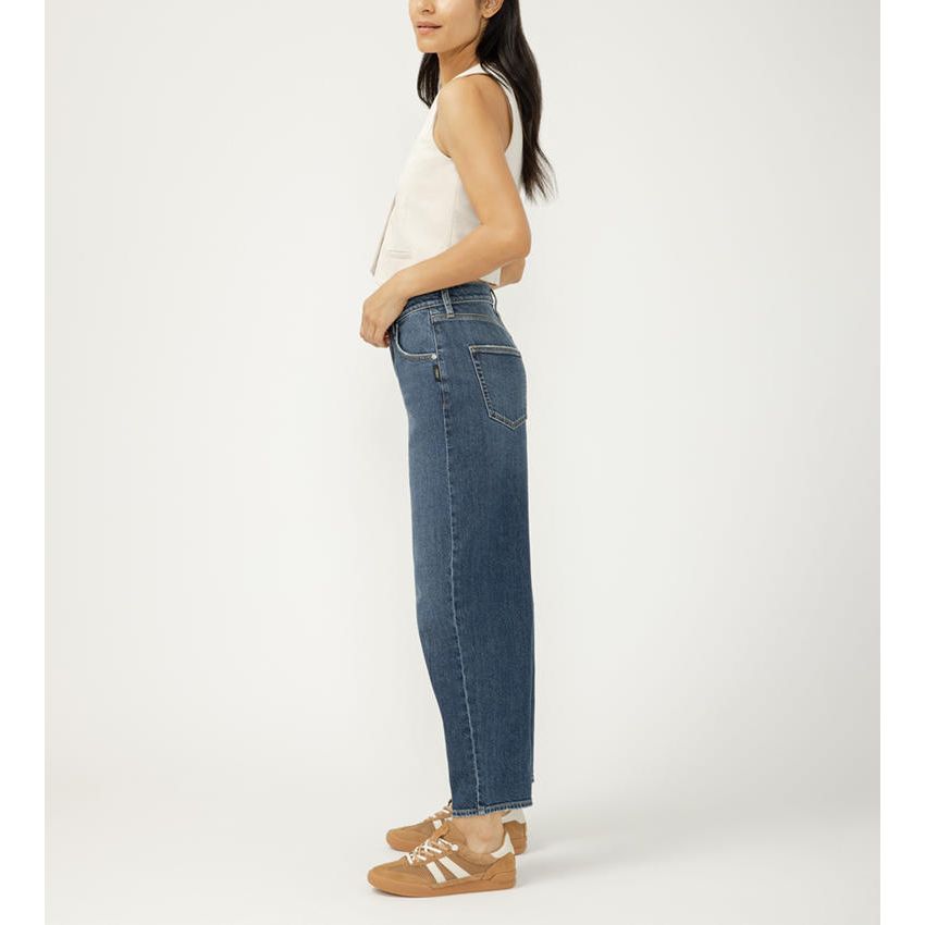 Silver Slim Barrel Leg in Marion; angled seamed high-rise, relaxed fit on model.