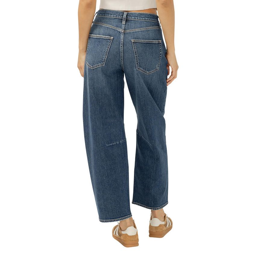 Silver Slim Barrel Leg jeans in Marion, high-rise, angled-seamed, relaxed fit on model.