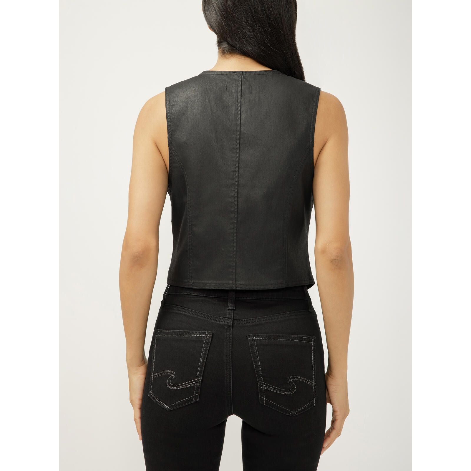 Silver-black coated denim vest with sleeveless V-neck, button front, and pointed hem.