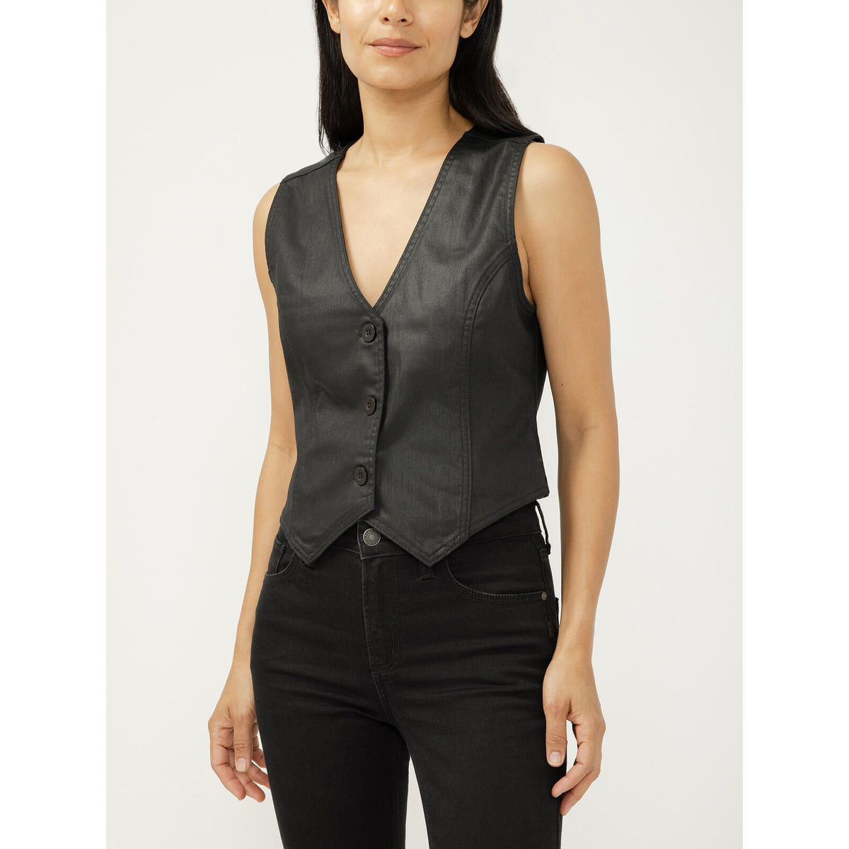 Silver Black Coated Denim Vest with V-neck, sleeveless, button front, and pointed hem worn by model.