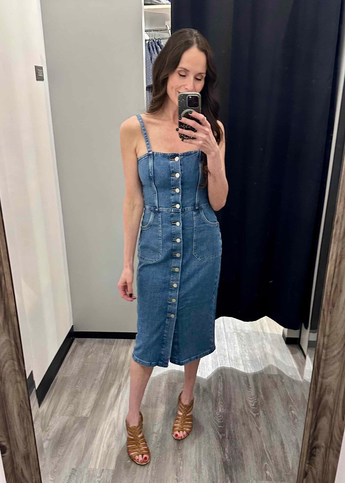 Silver Button Front Midi Dress