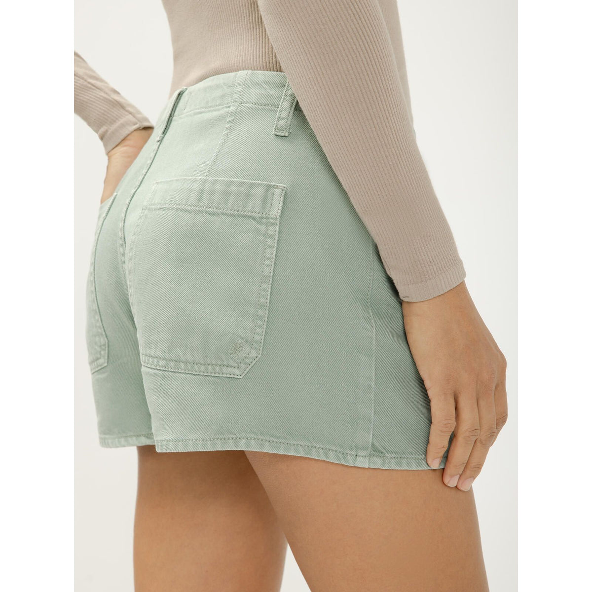 Silver Drawstring Beach Short in soft, rigid denim with a low-rise fit and drawstring waistband.