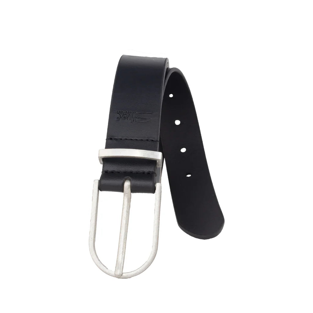 Black 35mm leather belt with refined silver harness buckle and metal loop.