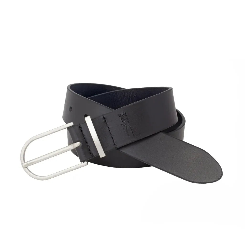 Silver Jeans 35MM black leather belt with refined harness buckle and metal loop, women's genuine leather belt