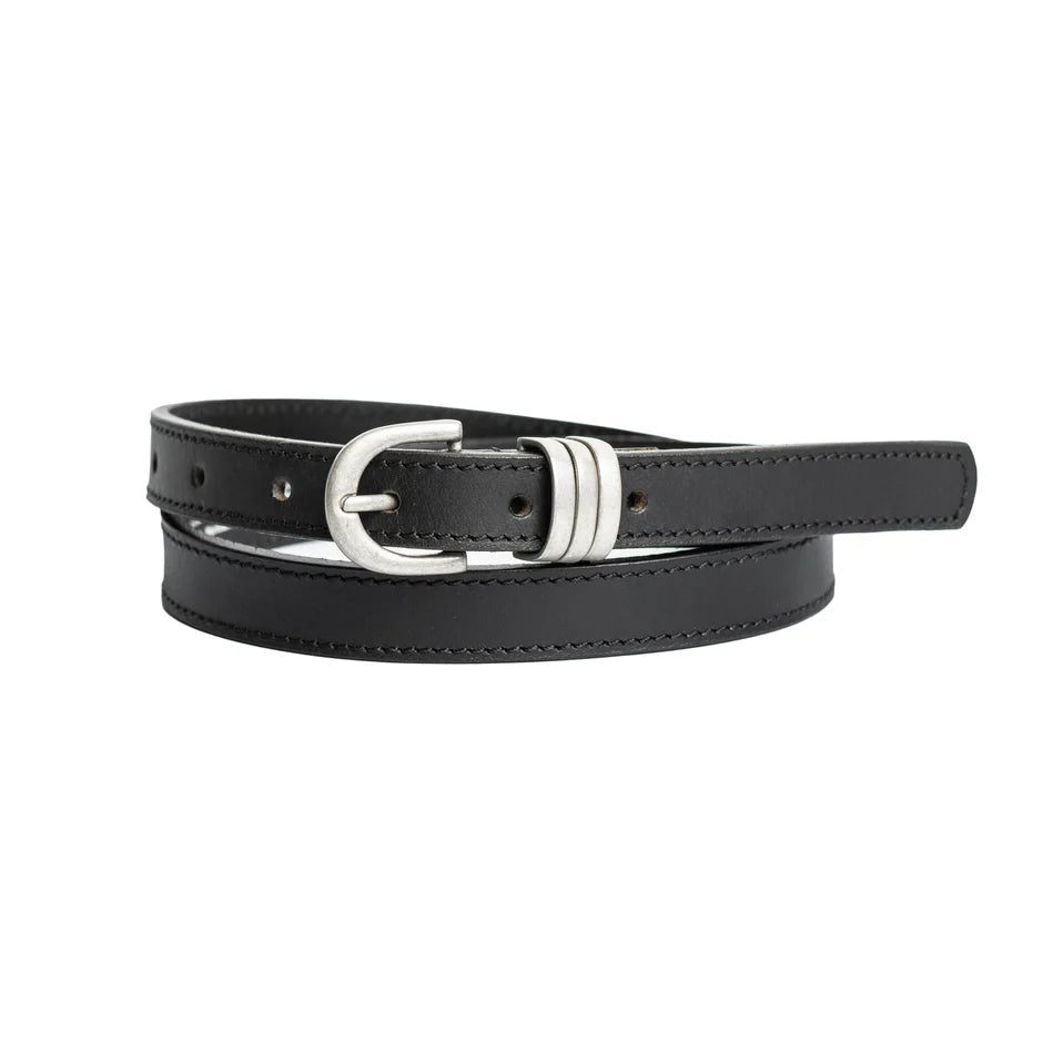 Black 20mm leather belt with three loops and brushed nickel buckle.