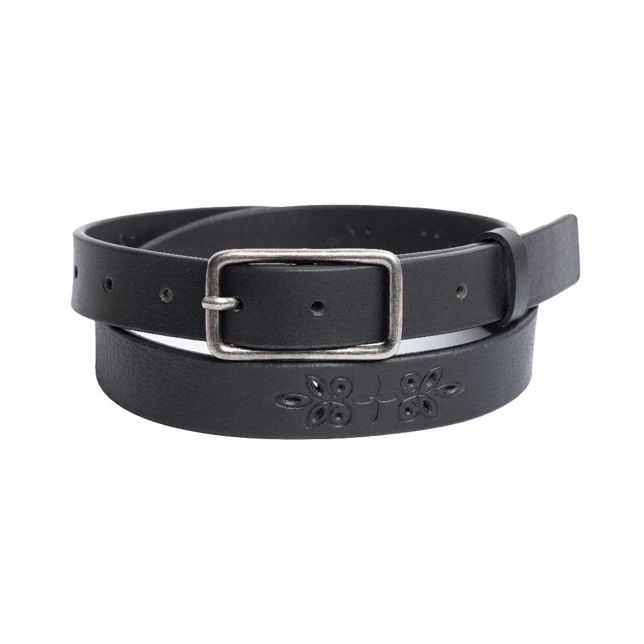 Silver Jeans floral engraved 25MM leather belt with antique nickel buckle.
