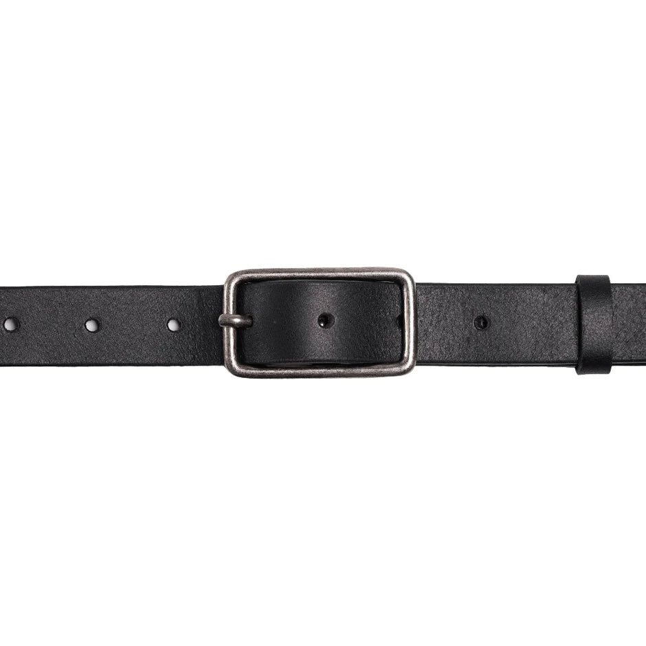 Black 25mm leather belt with antique nickel buckle.