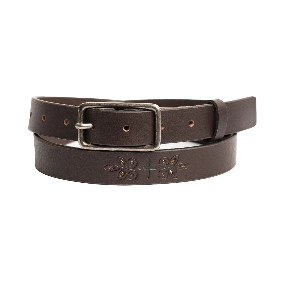 Brown genuine leather belt, 25MM wide, floral engravings and antique nickel buckle.