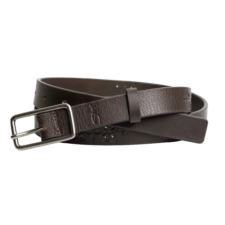 Brown leather belt with floral engravings and antique nickel buckle, 25MM wide.