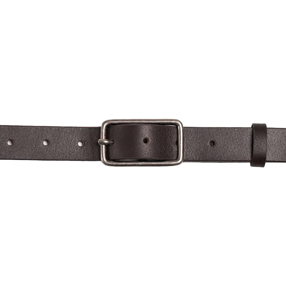 Brown 25mm leather belt with antique nickel buckle and floral engravings.