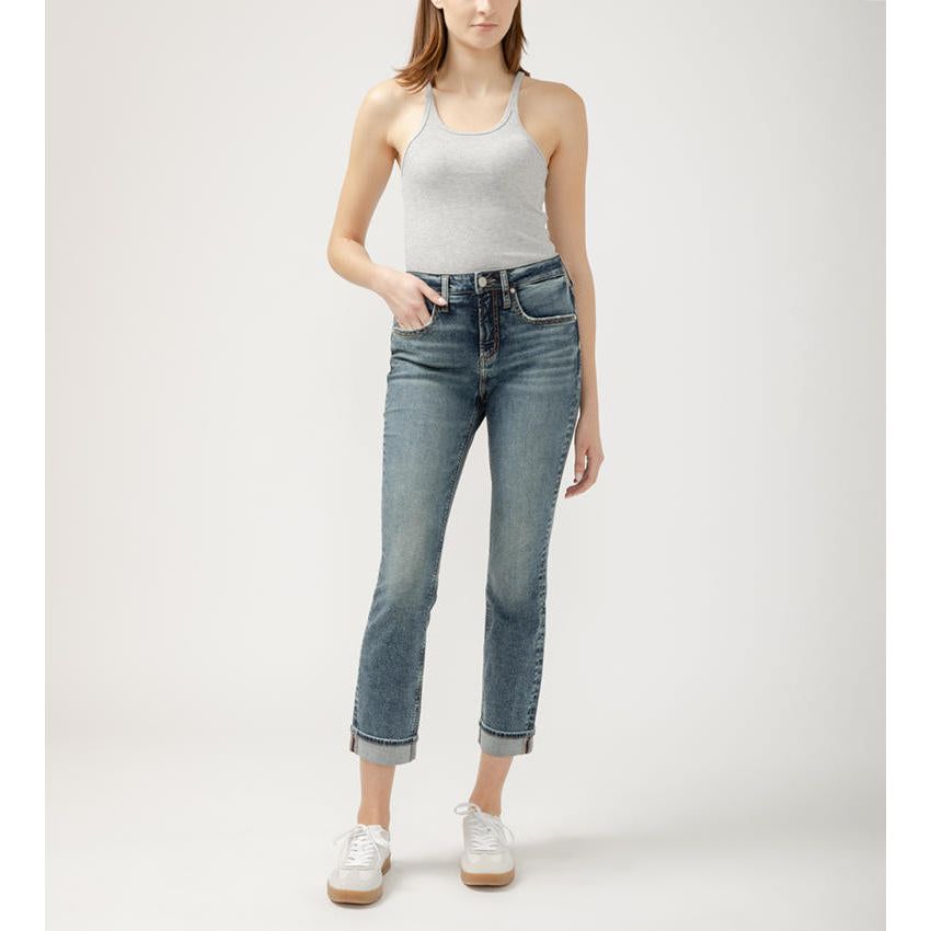 Effortlessly stylish, the Silver Beau Indigo Boyfriend Crop with Cuff features power stretch denim for maximum comfort.