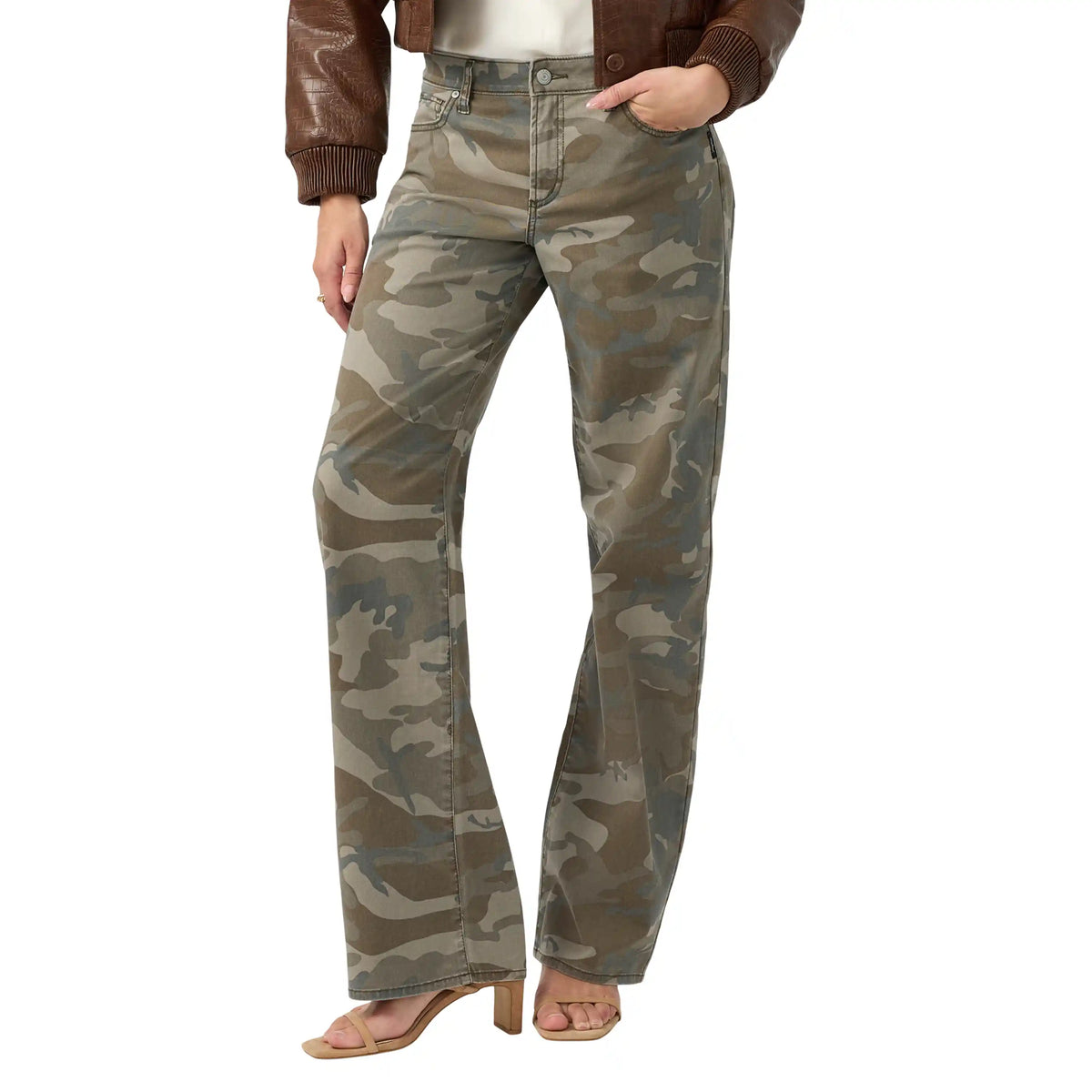 Low rise wide straight leg jeans in silver camo print with a contoured waistband and relaxed fit.