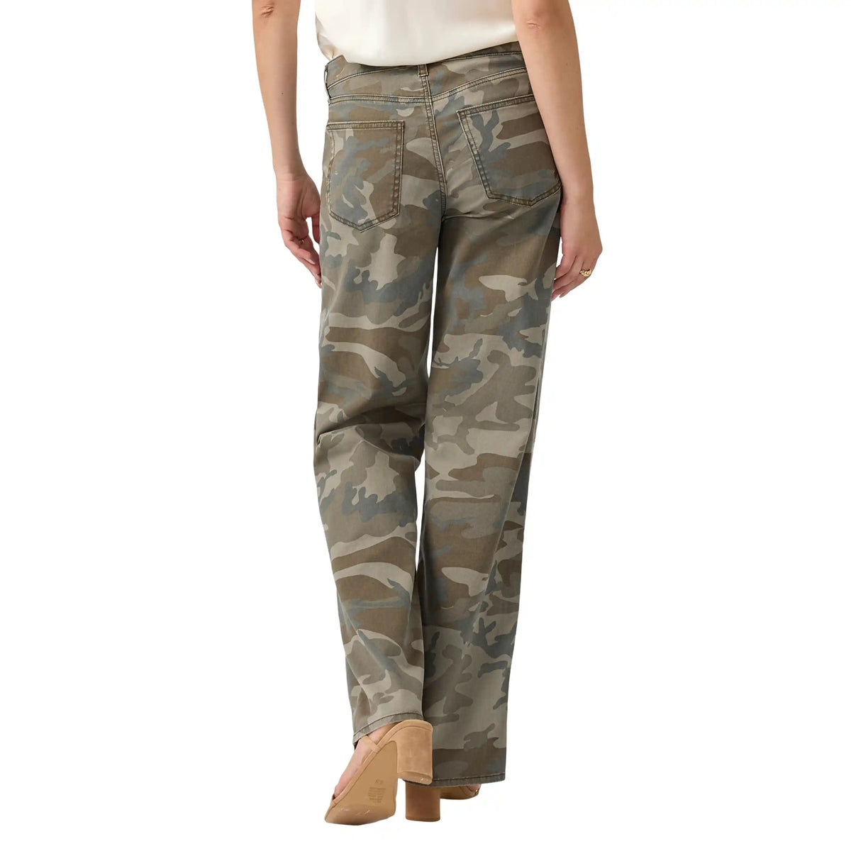 Back view of low-rise silver loose camo jeans with a wide-straight leg and contoured waistband paired with tan block heels.