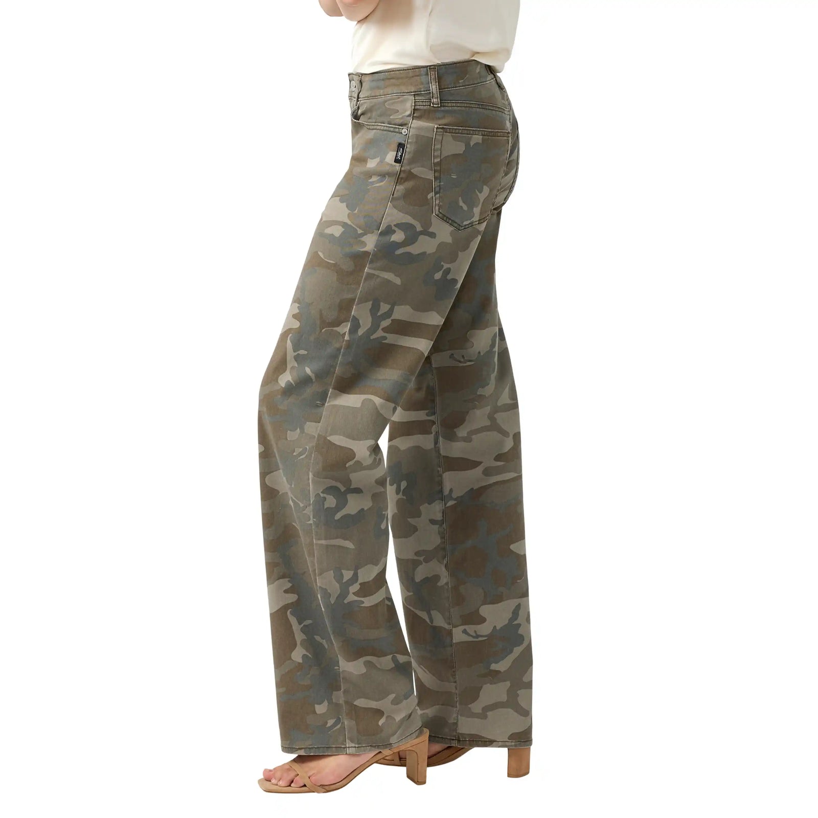 Silver loose camo jeans featuring a low-rise fitted waist and wide straight leg cut for a relaxed silhouette.