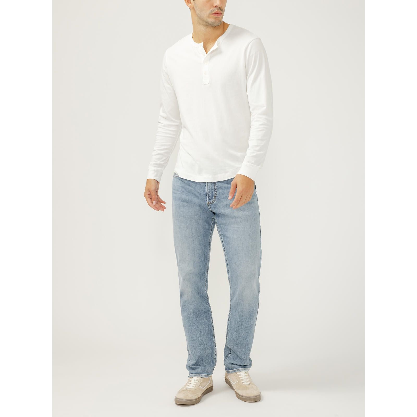 Silver Machray Slim Straight Leg jeans in Wild on a male model wearing a white long-sleeve top and light-wash denim.