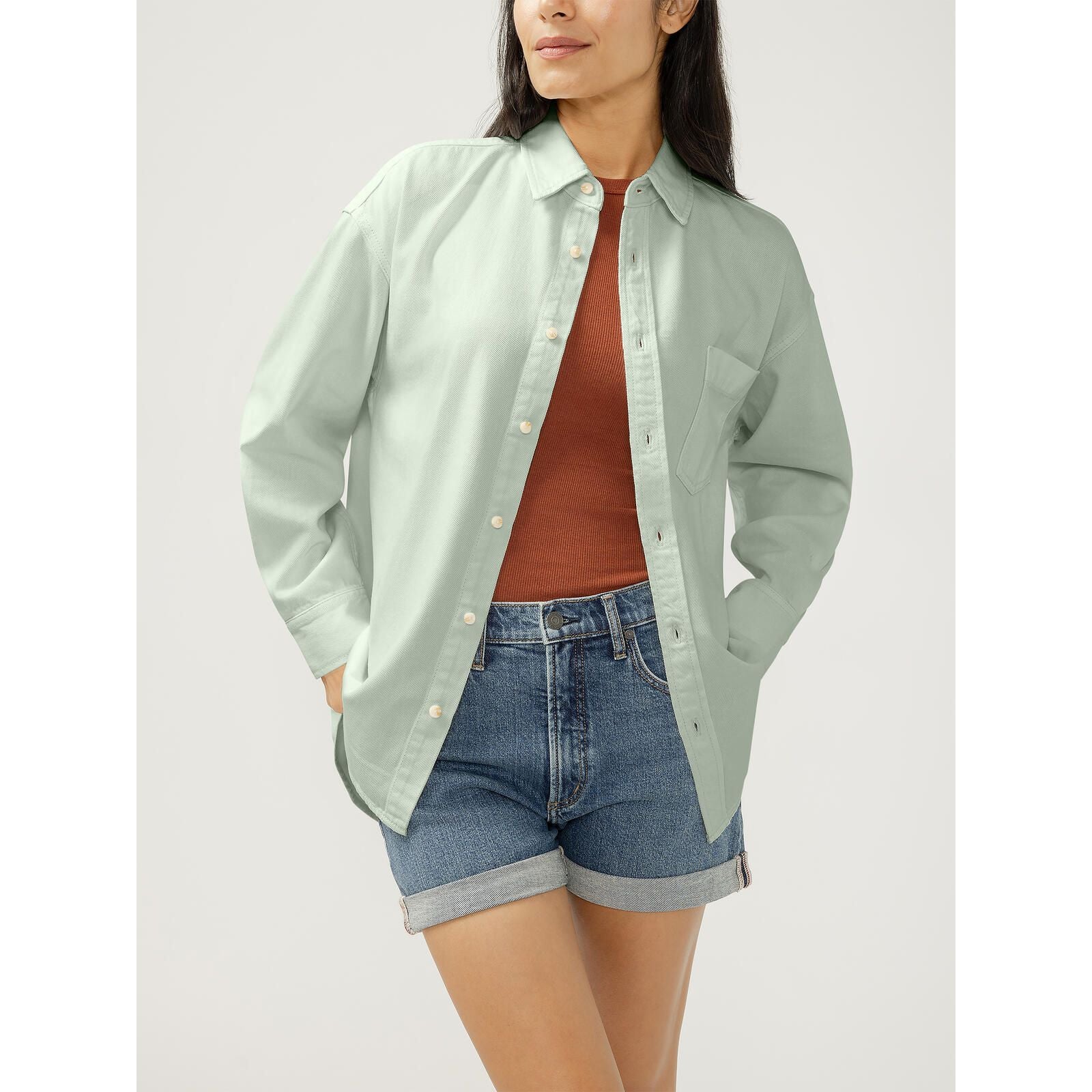 Silver Relaxed Fit Beach Shirt, oversized button-front with chest pocket, layered over rust top and denim shorts.