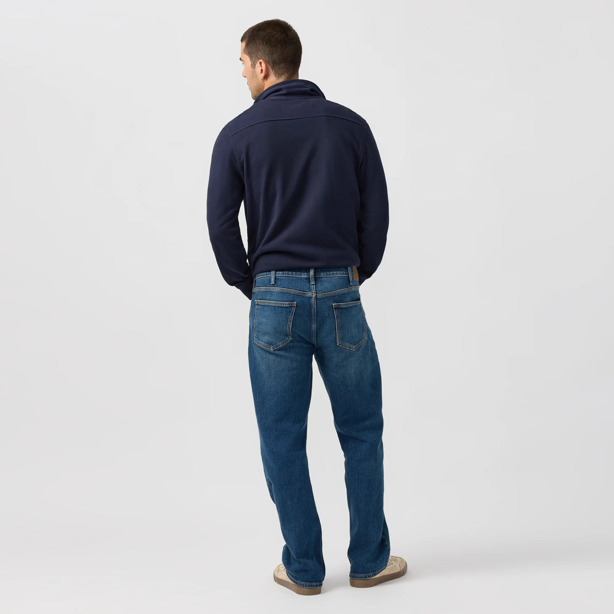 Back view of men's silver relaxed straight jeans in Rocky wash. Deep Y2K indigo denim with extra room through hip and thigh.