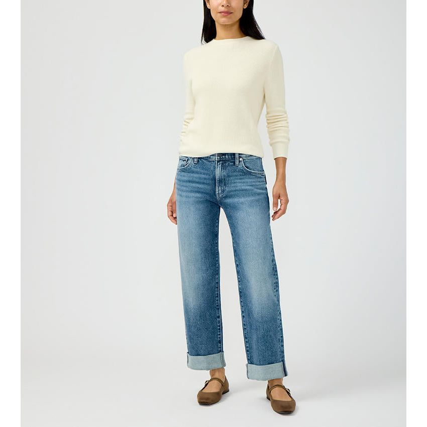 Silver Relaxed Straight Leg in Willow jeans on a model with a rolled 2.5-inch cuff, medium blue wash.