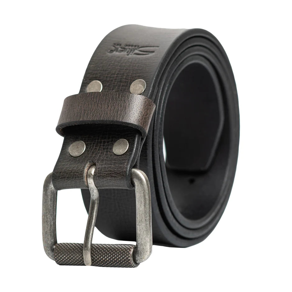 Dark leather belt with rivet accents and antique nickel roller buckle, 38mm wide.