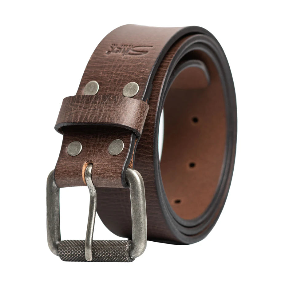 Dark leather belt with rivet accents and antique nickel roller buckle, 38mm wide.