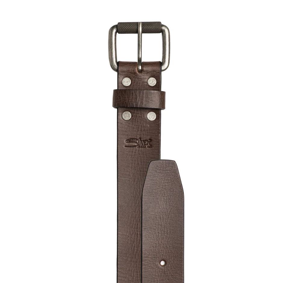 Brown 38mm leather belt with rivet details and antique nickel roller buckle.