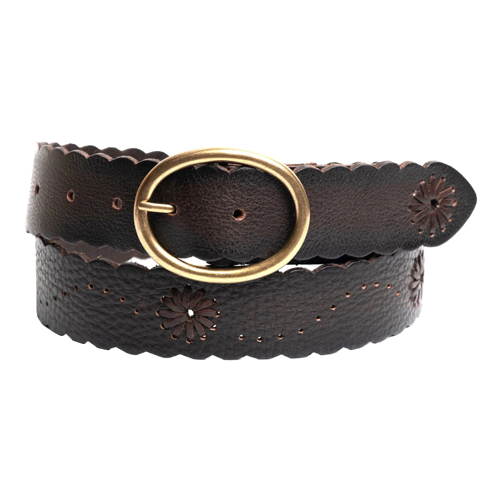 Silver Jeans Scalloped Edge 40MM Leather Belt features a chic design with scallop detailing and antique brass buckle.