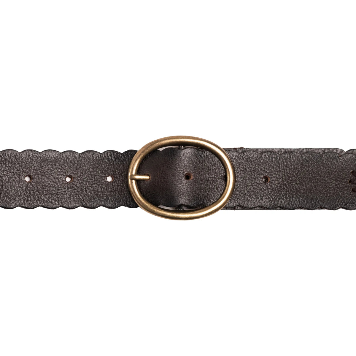 Stylish Silver Jeans Scalloped Edge 40MM Leather Belt in dark brown with antique brass buckle and feminine detailing.