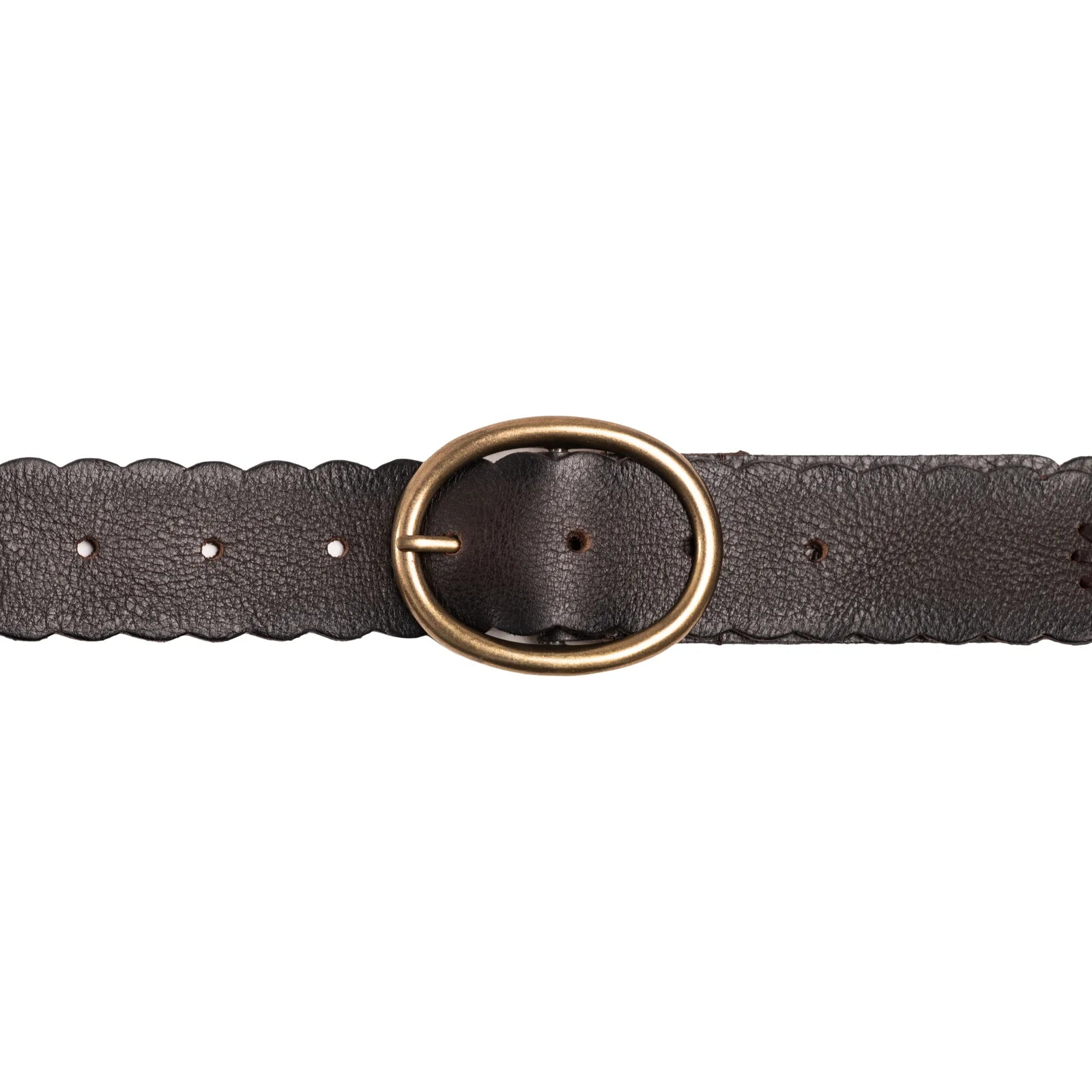 Stylish Silver Jeans Scalloped Edge 40MM Leather Belt in dark brown with antique brass buckle and feminine detailing.