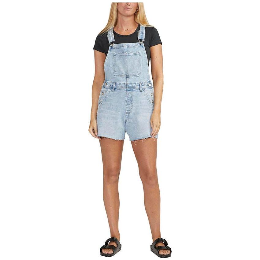 Stylish Silver Shortalls Indigo with adjustable straps, perfect for pairing with tees this spring. Vintage-inspired design.