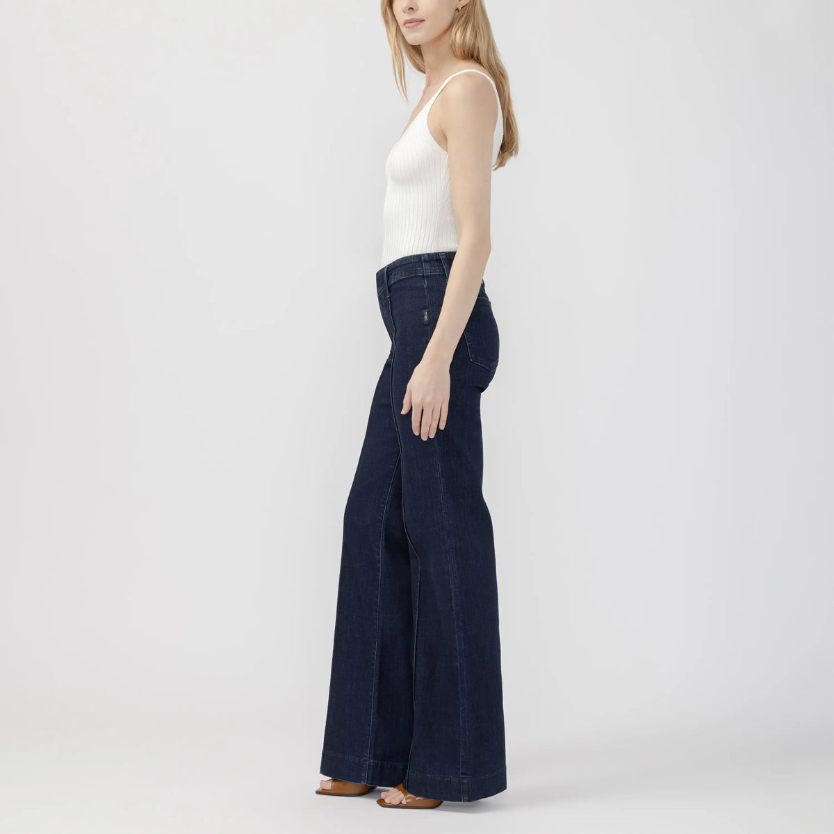 Dark wash Suki 70's Trouser featuring a wide leg, curvy fit, and contoured waistband designed to hug hips and thighs.