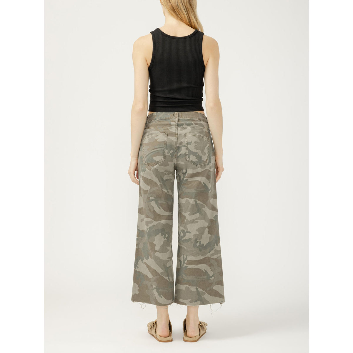 Back view of a model wearing Silver Suki Wide Leg Crop in Camo with a black ribbed tank top.