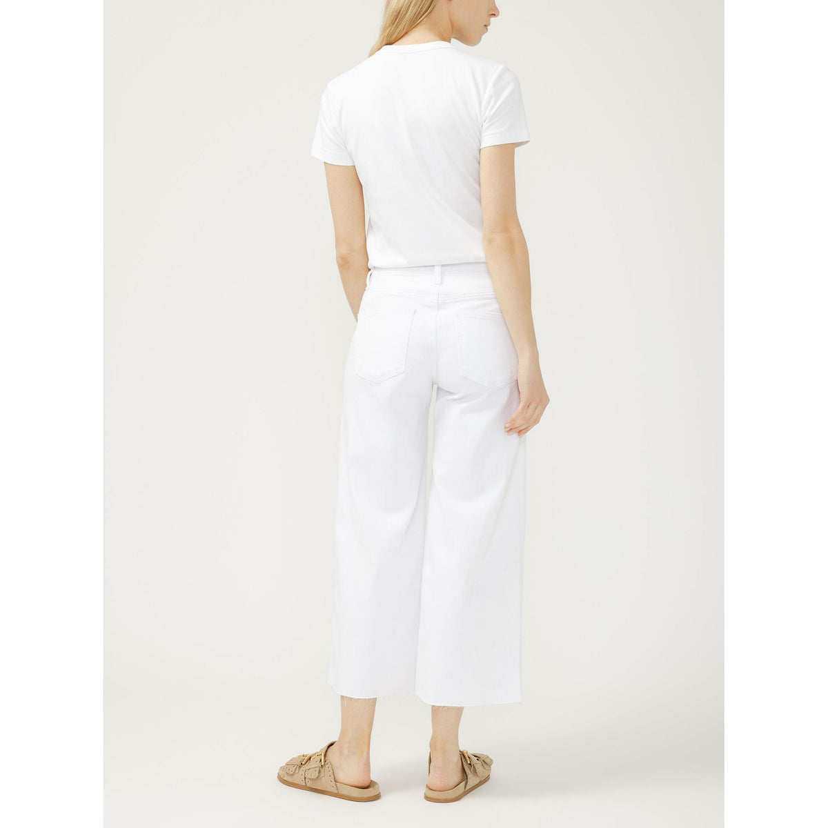 Back view of white Suki wide-leg cropped jeans; mid-rise, curvy fit.