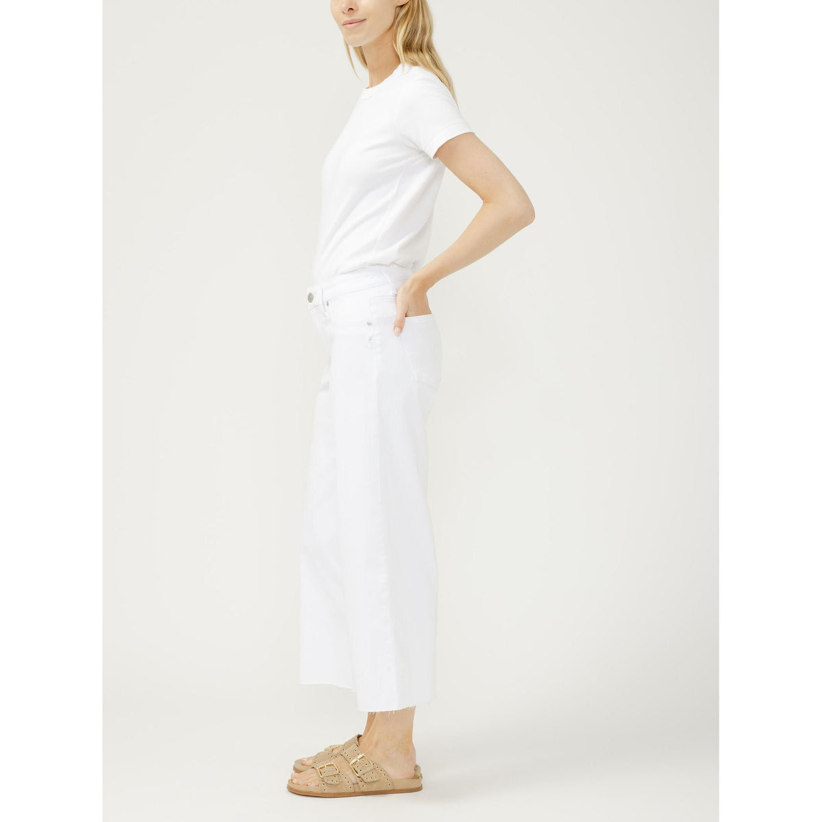Silver Suki Wide Leg Cropped in White worn by a model in a white tee and tan sandals.