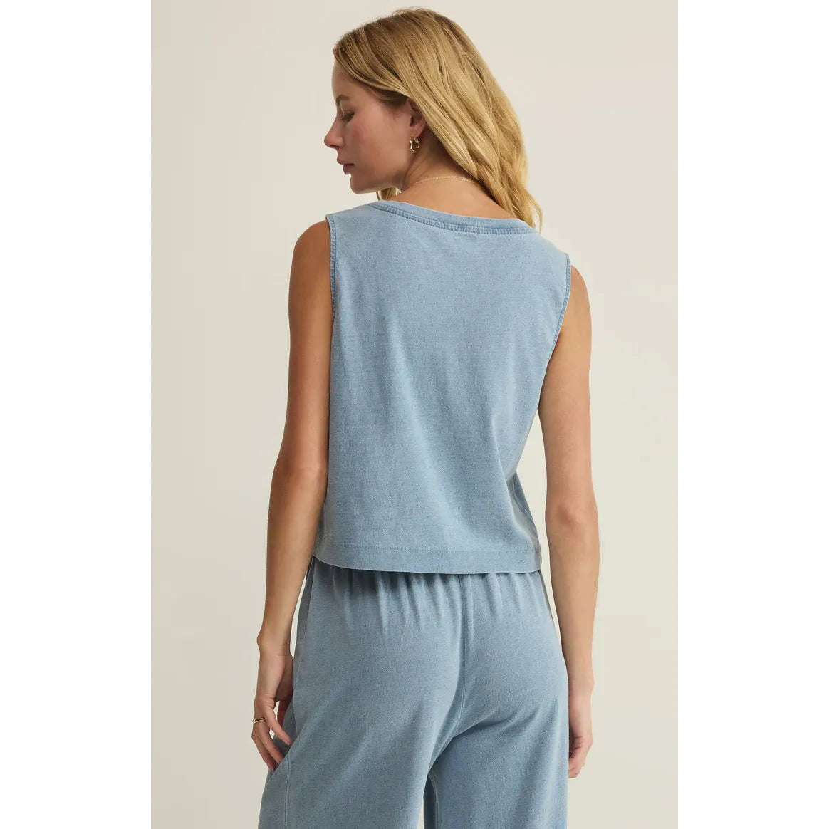 Z Supply Sloane V-Neck Tank in light blue cotton jersey, back view of a relaxed sleeveless top.